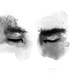 A black and white watercolour image of two human eyes, closed and dreaming.