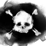 A black and white watercolour image of a white skull and crossbones in front of a black cloud.