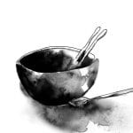A black and white watercolour image of a bowl with two spoons resting on the lip, one spoon lies in front of the bowl.