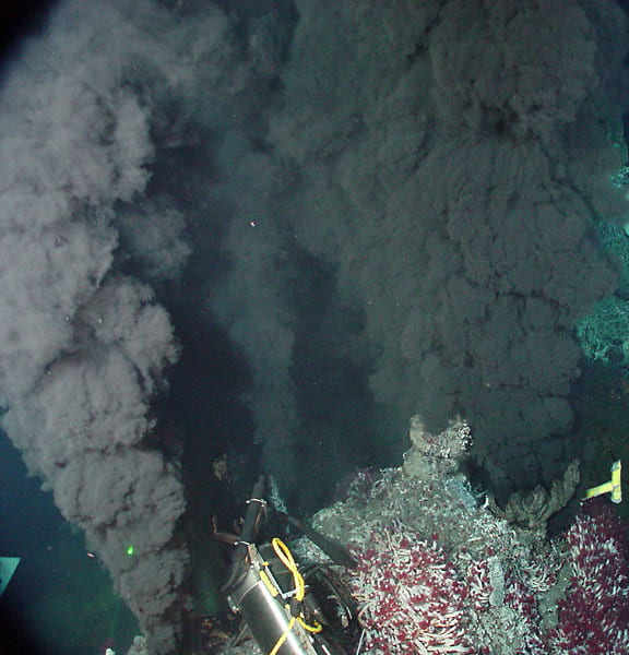 "Black smokers" at hydrothermal ridges in the deep ocean